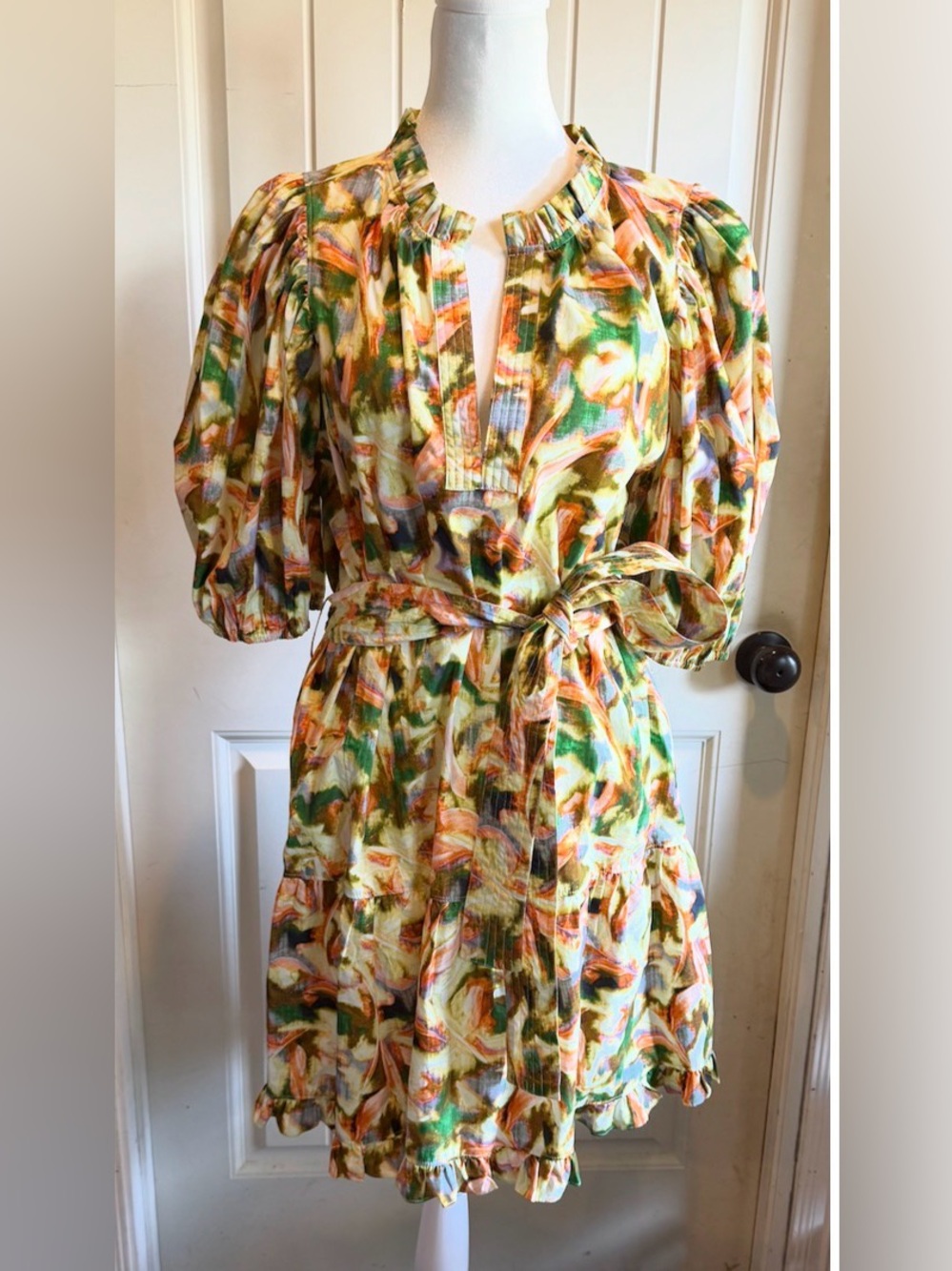 Marie Oliver Green Multi Floral Belted Puff-Sleeve Midi Dress